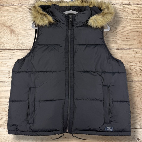 Abercrombie & Fitch Jackets & Blazers - ABERCROMBIE FITCH Quilted‎ Puffer Vest Black Removable Faux Fur Hood Womens XL